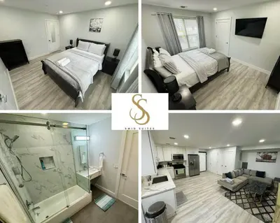 a collage of four pictures of a hotel room at The Elegant Suite - 2BR with Great Amenities in Paterson
