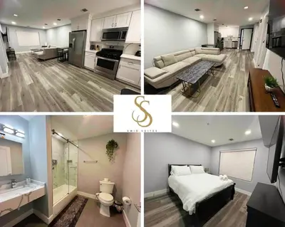 a collage of pictures of a living room and a kitchen at The Lovely Suite - 1BR close to NYC in Paterson