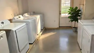a laundry room with three washing machines and a plant at Boardwalk- large modern unit with King bed fast WIFI free coffee and easy parking in Wilmington