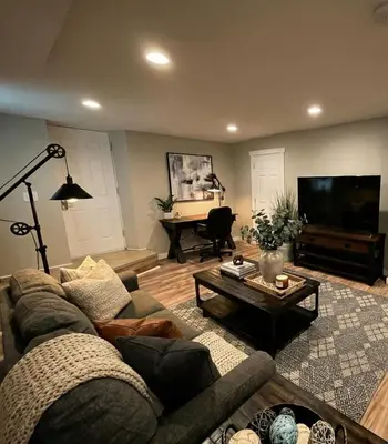 a living room with a couch and a table and a piano at Boardwalk- large modern unit with King bed fast WIFI free coffee and easy parking in Wilmington