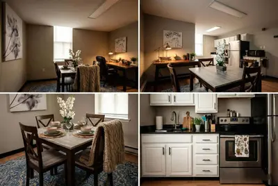 a kitchen and a dining room with a table and chairs at The Terrace at Park Place 2nd floor walk up -cozy 2 bedroom fast WiFi free coffee in Wilmington
