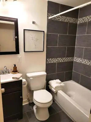 a bathroom with a toilet and a tub and a sink at Redwood loft at Park Place King bed walk in closet fast WIFI and free coffee in Wilmington