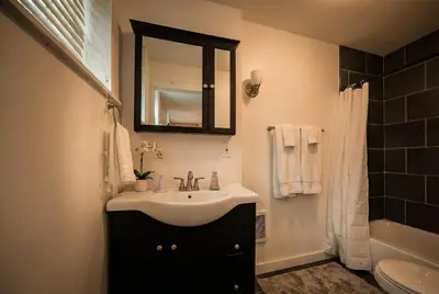 a bathroom with a sink and a mirror at Park Place- cozy modern space fully updated fast WiFi good coffee and easy parking in Wilmington