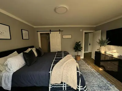a bedroom with a large bed and a television at The Grayson at Park Place- cozy and fully updated with King bed free coffee and fast WIFI in Wilmington