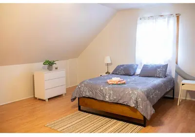 a bedroom with a bed with a dresser and a window at Cozy Palace in Livingston Manor