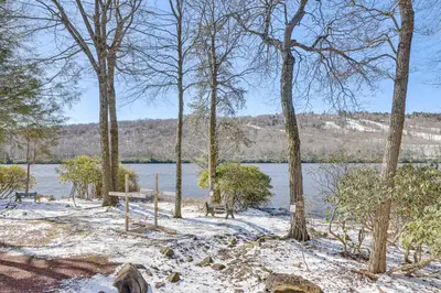 a picnic table in the snow next to a lake at Lake Harmony Condo with Big Boulder Lake Views in Lake Harmony