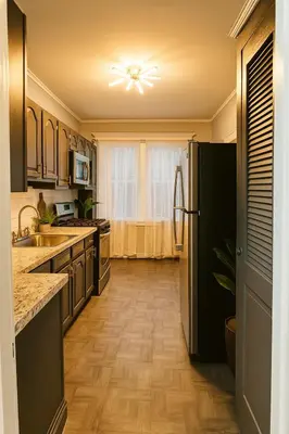 a kitchen with a refrigerator and a sink at Spacious 4BR near NYC with Parking, 10min MetLife, 20min Times Sq in North Bergen