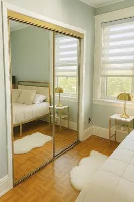 a mirror in a bedroom with a bed and a couch at Spacious 4BR near NYC with Parking, 10min MetLife, 20min Times Sq in North Bergen