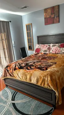 a bedroom with a large bed in a room at Room G DIVINE VILLA AND RESORT, 6 MINS TO AIRPORT, 4MINS TO PENN STATION. in Newark