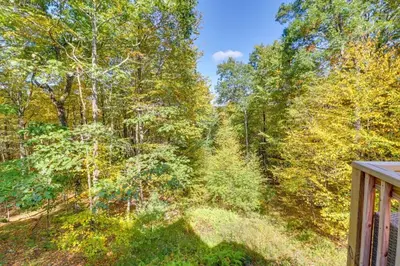 a view of a forest from a house at Pocono Getaway A frame Cabin w/ Hot Tub Sauna in East Stroudsburg