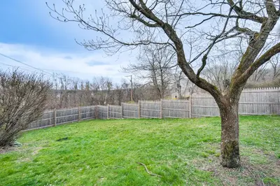 a tree in a yard next to a fence at Pet and Family Friendly! Home with Fenced Yard and Deck in York Haven