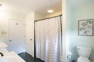 a bathroom with a toilet and a shower curtain at Scenic View Lodging in Millerstown