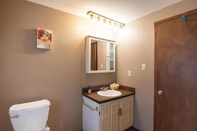 a bathroom with a toilet and a sink and a mirror at Scenic View Lodging in Millerstown