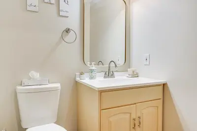 a bathroom with a toilet and a sink and a mirror at Forest-View Deck and Fire Pit Poconos Escape! in East Stroudsburg