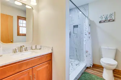 a bathroom with a shower and a sink and a toilet at Forest-View Deck and Fire Pit Poconos Escape! in East Stroudsburg