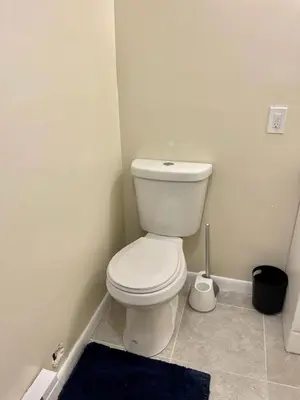 a bathroom with a white toilet and a blue rug at Z & Z Apartment 2 in Newark