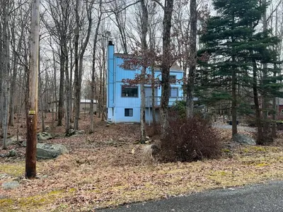 a blue house in the middle of the woods at Elegant saver spot in Poconos in East Stroudsburg