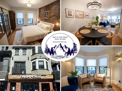 a collage of pictures of a living room and a bedroom at Apt in the heart of Main Street in Stroudsburg