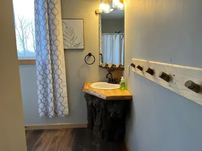 a bathroom with a sink and a mirror at The Lodge by Towanda and Sayre PA in Ulster