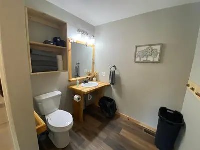 a small bathroom with a toilet and a sink at The Lodge by Towanda and Sayre PA in Ulster