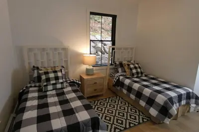 two twin beds in a room with a window at Modern Chalet with Hot Tub and Lake Access in Monticello