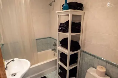 a bathroom with a white shelving unit in a bathroom at Whimsical Lakefront Chalet in Monticello