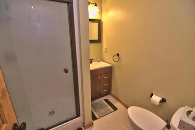 a bathroom with a shower and a toilet and a sink at Whispering Pines Retreat in Albrightsville