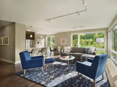a living room with a couch and a table at AVE Florham Park - Furnished Apartment, Florham Park NJ in Florham Park