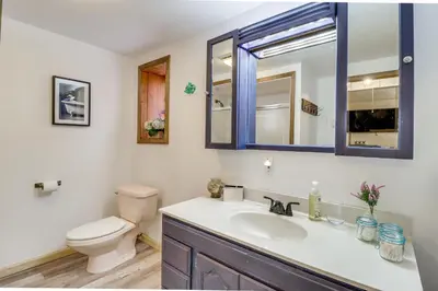 a bathroom with a sink and a toilet and a mirror at Lovely Tobyhanna Getaway with Game Room and Fire Pit! in Tobyhanna