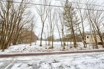 a snow covered road with trees and a house at Casa di Montagna/5BR/3Bath/NearResorts/PetsAllowed in Pocono Lake