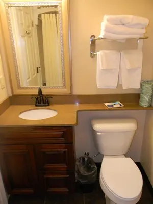 a bathroom with a toilet and a sink and a mirror at Williamsport Grandview Hotel in Linden