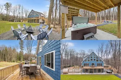 a collage of pictures of a house with a pool and a backyard at Big Villa,4 Masters, Heated Pool, Hot Tub, Sauna in Blakeslee