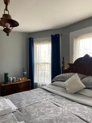 a bedroom with a large bed with blue curtains at Elizabeth New Jersey bedroom -Newark Airport -New York City in Elizabeth