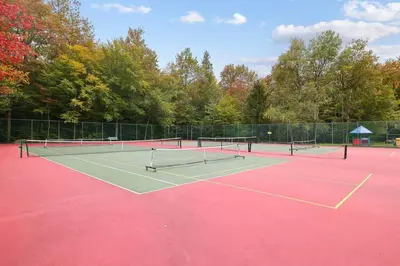 a tennis court with two tennis rackets on it at Boho Haven Hideaway - Walk to Pool,Theater,Arcades, Firepit, Lake Access in Thornhurst