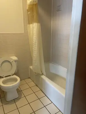 a bathroom with a toilet and a shower curtain at Budget Inn - Elizabeth, NJ in Elizabeth