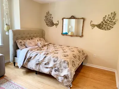 a bedroom with a bed and a mirror on the wall at MASSiVE Bohemian Oasis in Philly 5 Bdrm Sleeps 12 in Philadelphia