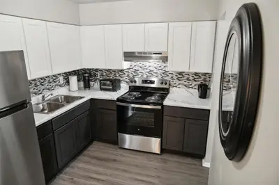 a kitchen with a stove and a sink and a refrigerator at Chateau 506 Stunning In Wilmington, Free Parking! in Wilmington