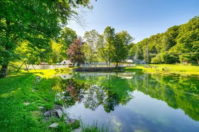 a pond in a park with trees and grass at Massive Roscoe Retreat Great for Large Groups! in Roscoe
