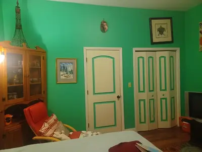 a bedroom with green walls and a door and a chair at Harvey's Lake/near Rickett's Glen in Harveys Lake