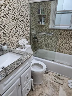 a bathroom with a toilet and a tub and a sink at House in New Jersey in Paterson