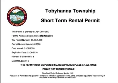 a screenshot of the totomyarma township short term rental permit website at Ash Cottage in Poconos near Camelback & Kalahari in Long Pond