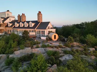 an aerial view of a large house on a hill at Roundtop Mansion-Breathtaking View, indoor Pool in Wrightsville