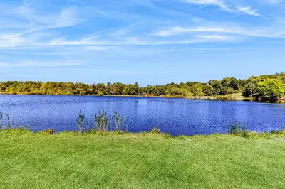 a large blue lake with grass and trees in the background at Pocono Waterside Escape in Tobyhanna