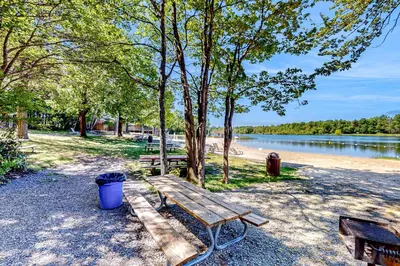 a park bench next to a tree with a trash can at Pocono Waterside Escape in Tobyhanna
