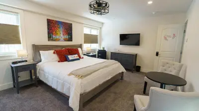 a bedroom with a bed and a desk and a table at Four Seasons For Fun Bed & Breakfast in Lakeville