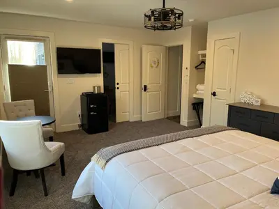 a bedroom with a bed and a desk and a chair at Four Seasons For Fun Bed & Breakfast in Lakeville
