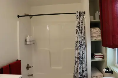 a bathroom with a shower with a shower curtain at Penn's Creek Symphony in Spring Mills