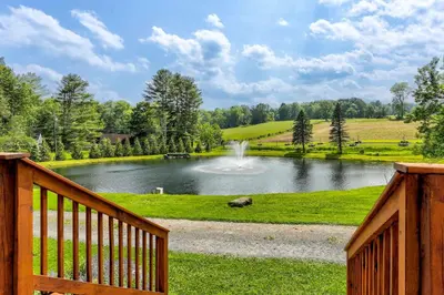 a view of a pond with a fountain at Delaware River Access Peaceful Farm Retreat! in Callicoon