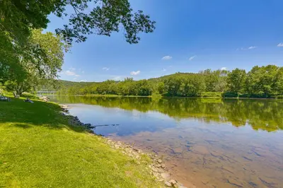 a view of a lake with trees in the background at Delaware River Access Peaceful Farm Retreat! in Callicoon