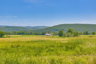 a field of grass with a house in the distance at Delaware River Access Peaceful Farm Retreat! in Callicoon